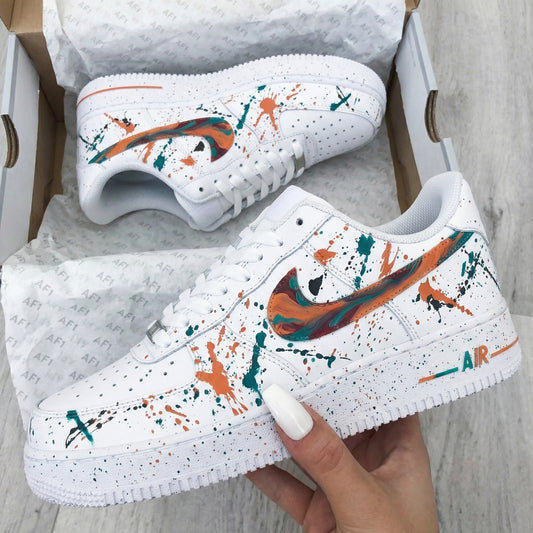 Custom AF 1s Shoes Paint Splatter Orange Teal