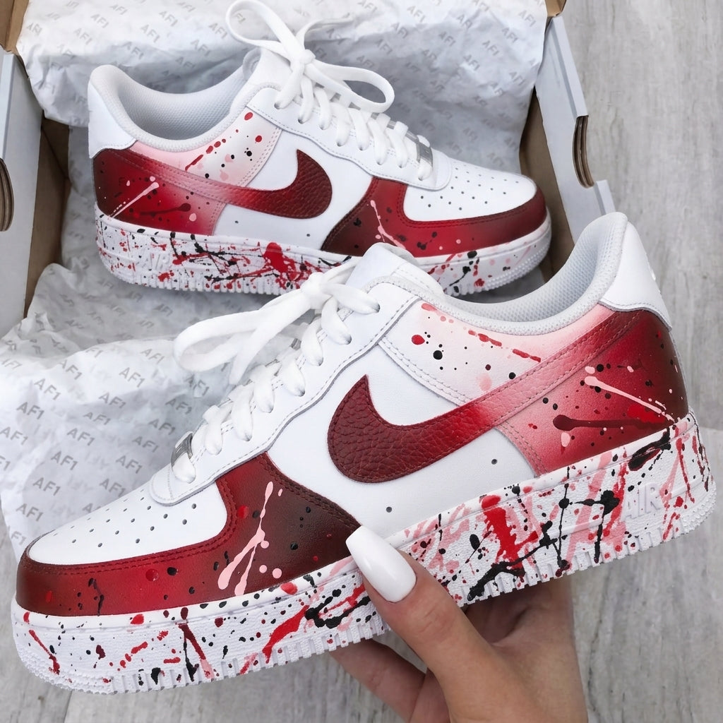 Custom AF 1s Shoes Paint Splatter Red Black