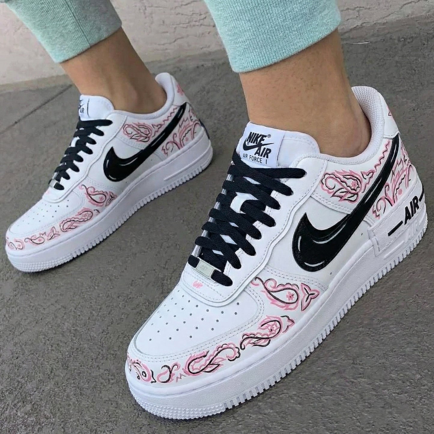 Custom AF 1s Shoes Paisley Pattern Black Baby Pink