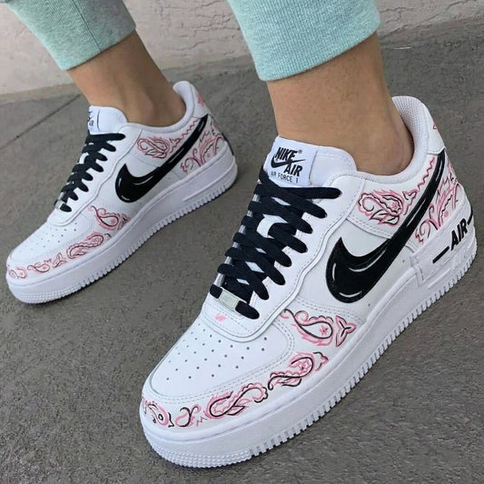 Custom AF 1s Shoes Paisley Pattern Black Baby Pink