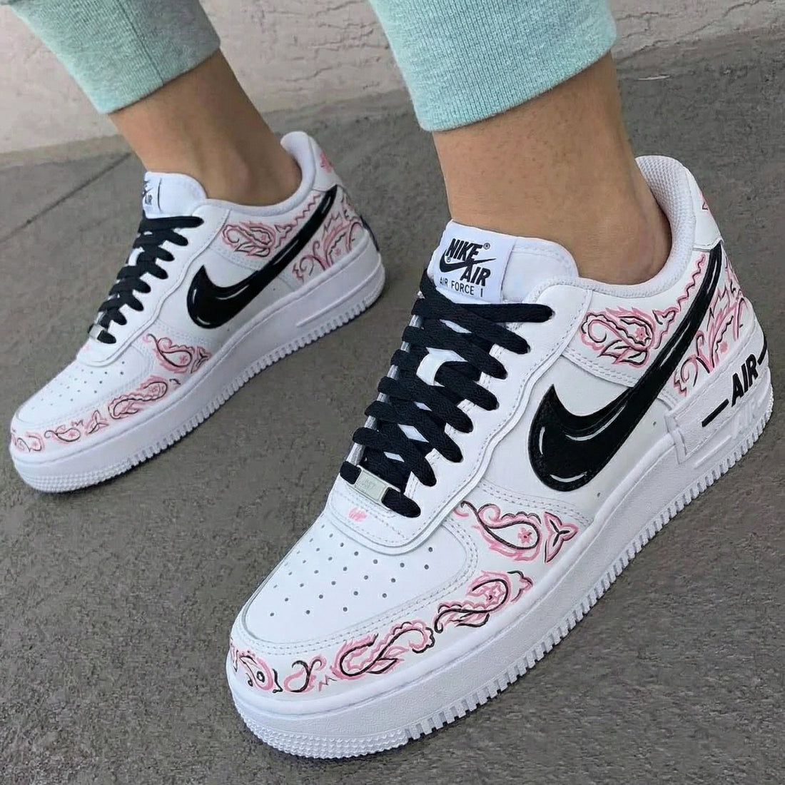 Custom AF 1s Shoes Paisley Pattern Black Baby Pink