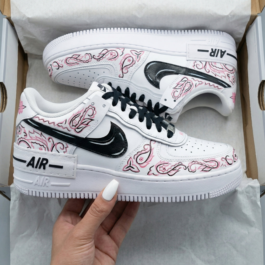 Custom AF 1s Shoes Paisley Pattern Black Baby Pink