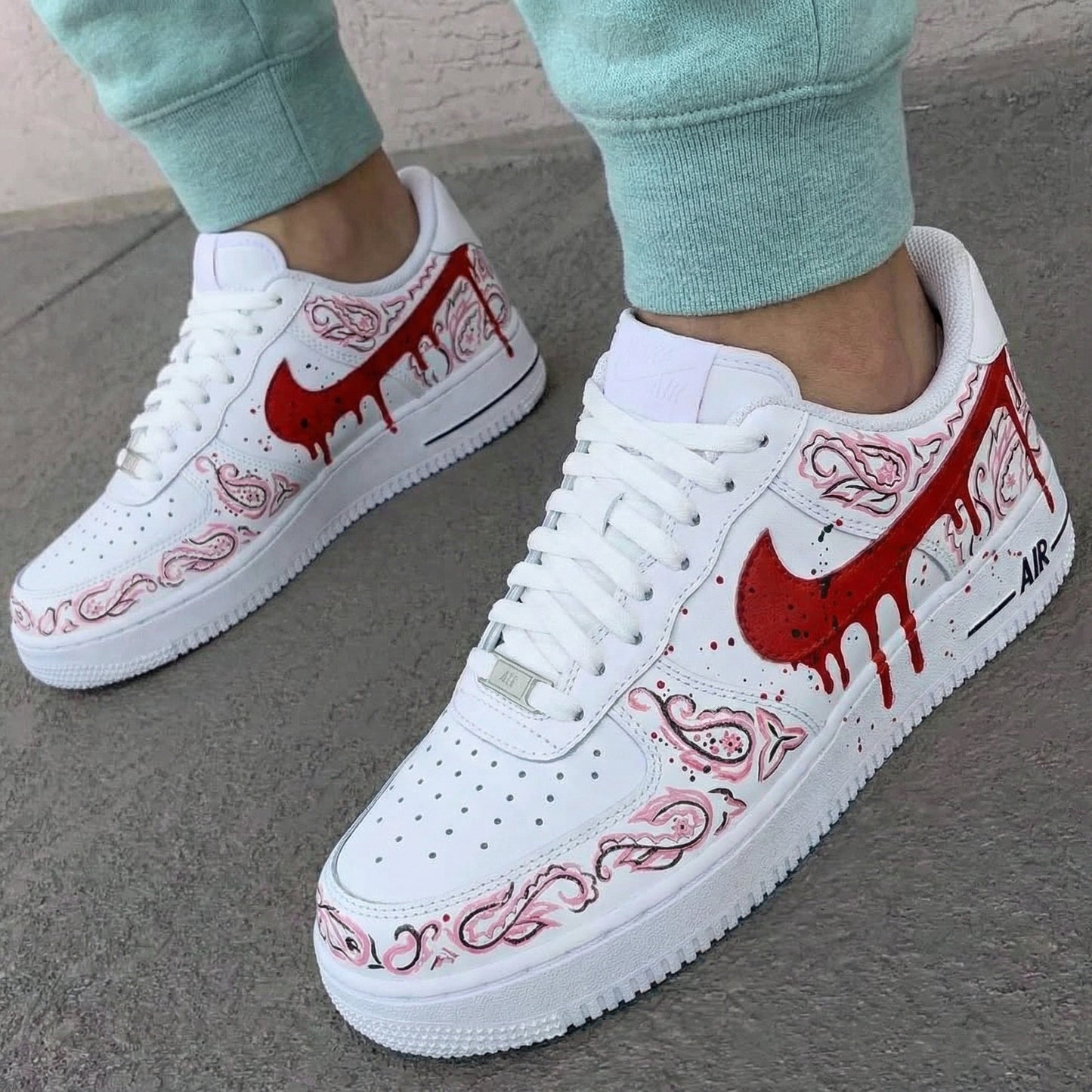 Custom AF 1s Shoes Paisley Pattern Red Pink