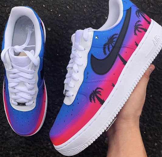 Custom AF 1s Shoes Palm Tree Design Blue Pink