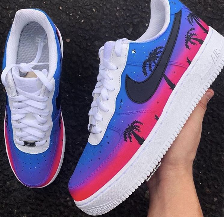 Custom AF 1s Shoes Palm Tree Design Blue Pink