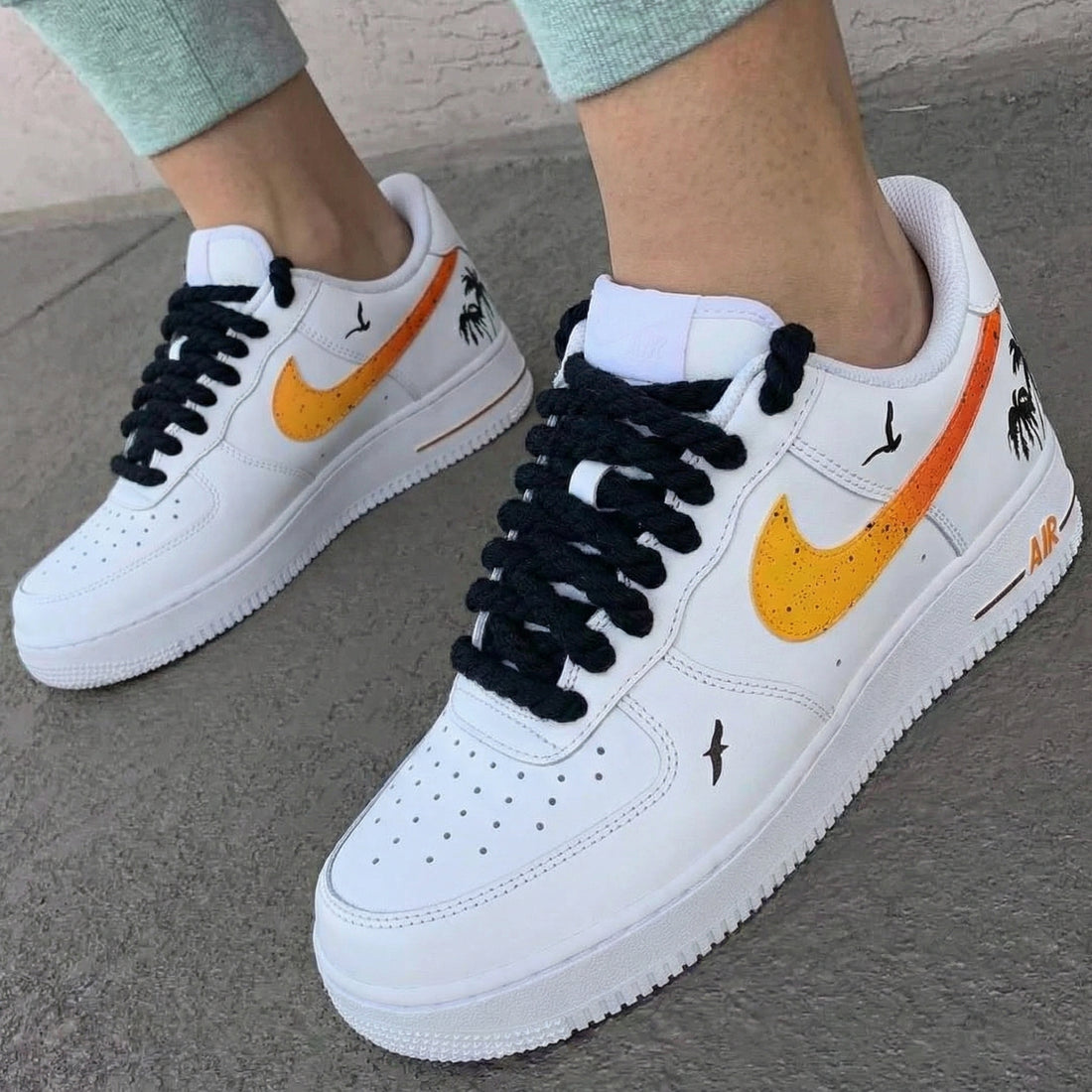 Custom AF 1s Shoes Palm Trees Birds Orange Yellow