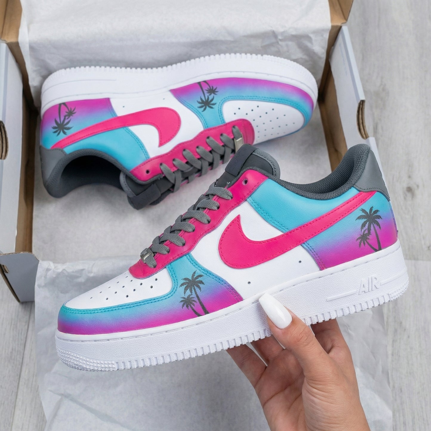 Custom AF 1s Shoes Palm Trees Gray Baby Blue Pink