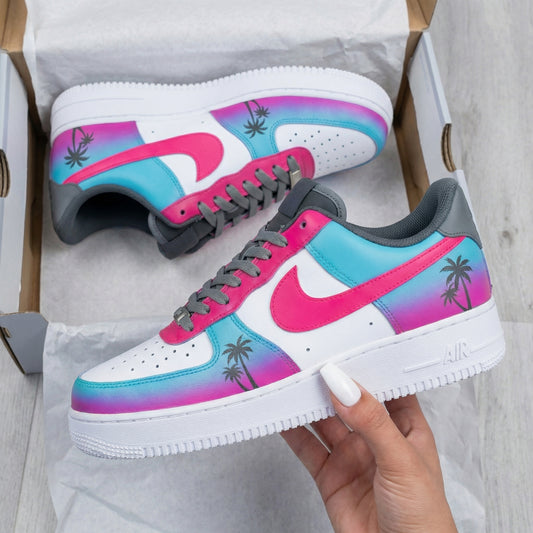 Custom AF 1s Shoes Palm Trees Gray Baby Blue Pink