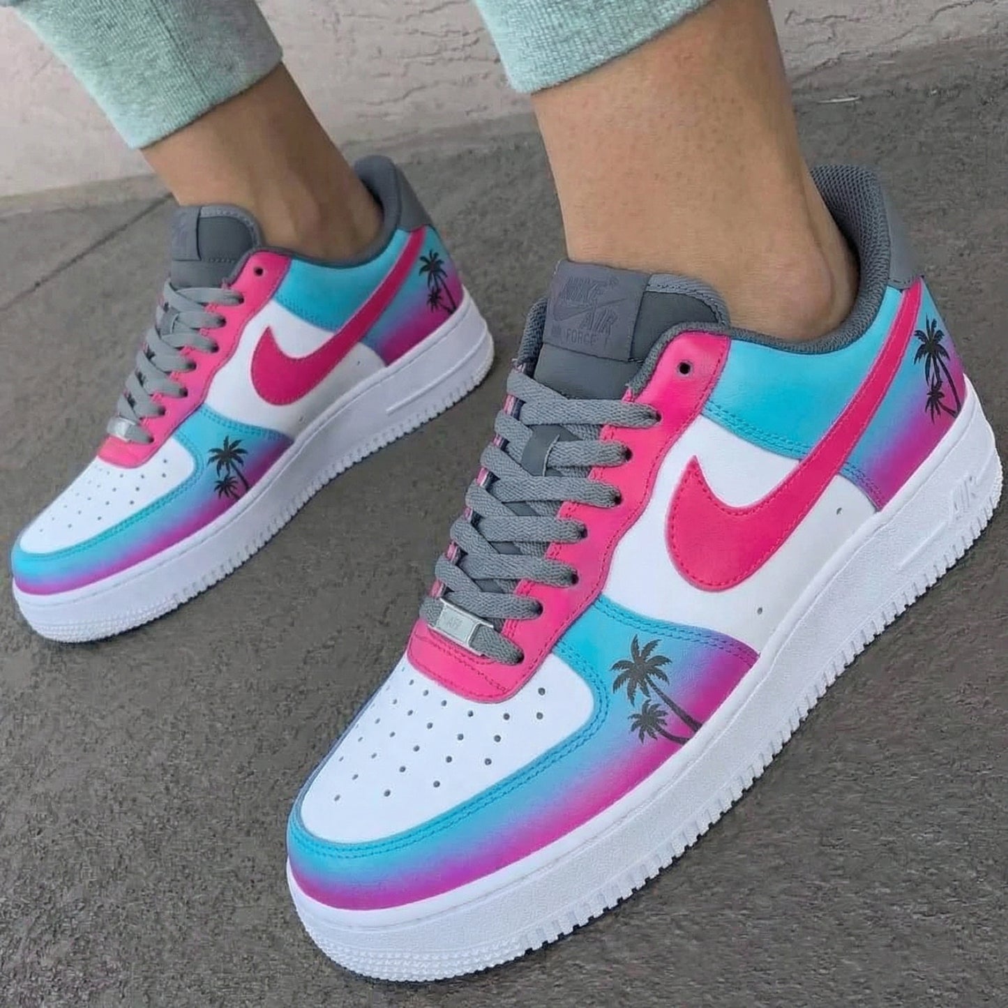 Custom AF 1s Shoes Palm Trees Gray Baby Blue Pink
