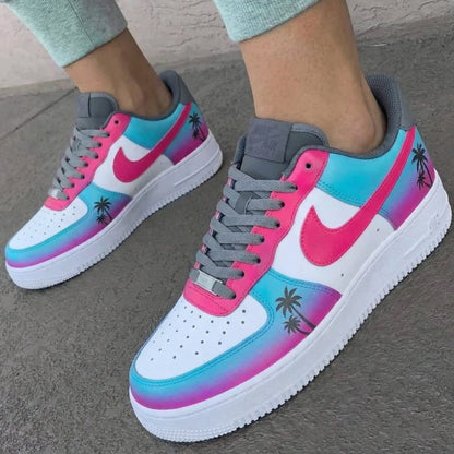 Custom AF 1s Shoes Palm Trees Gray Baby Blue Pink