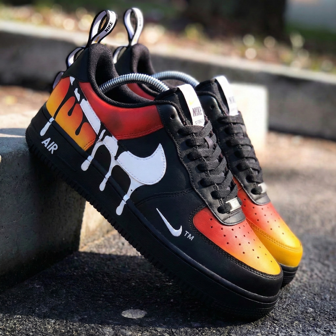 Custom AF 1s Shoes Passionate Black Orange Red Drip