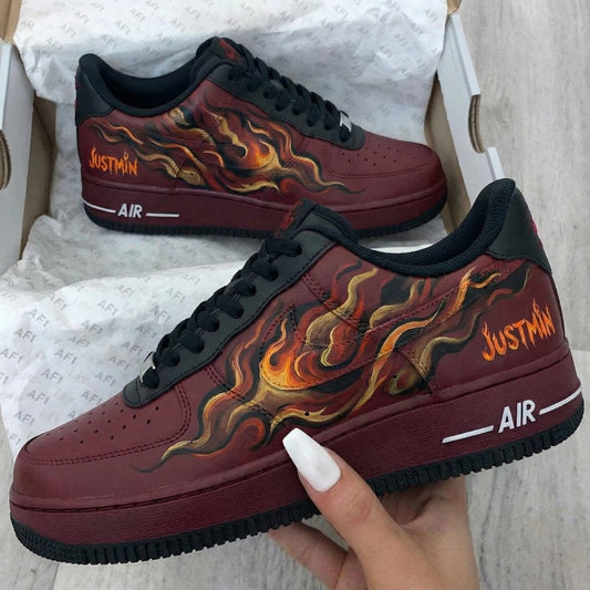 Custom AF 1s Shoes Passionate Burning Flame Pattern Burgundy Black
