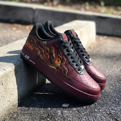 Custom AF 1s Shoes Passionate Burning Flame Pattern Burgundy Black