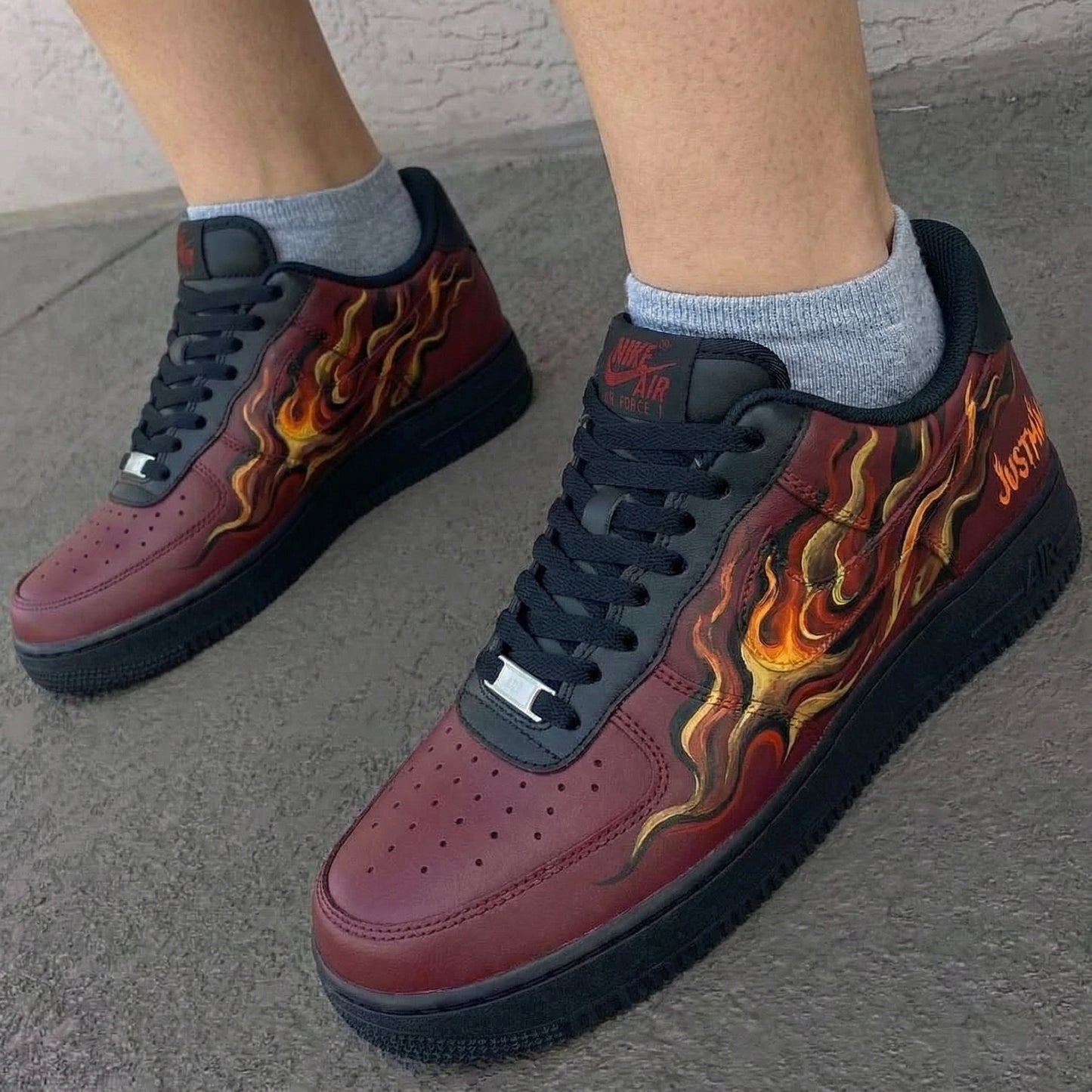 Custom AF 1s Shoes Passionate Burning Flame Pattern Burgundy Black