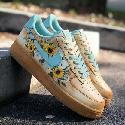 Custom AF 1s Shoes Pastel Baby Blue Tan Sunflowers