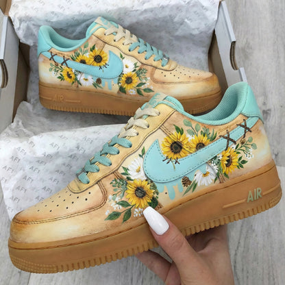 Custom AF 1s Shoes Pastel Baby Blue Tan Sunflowers