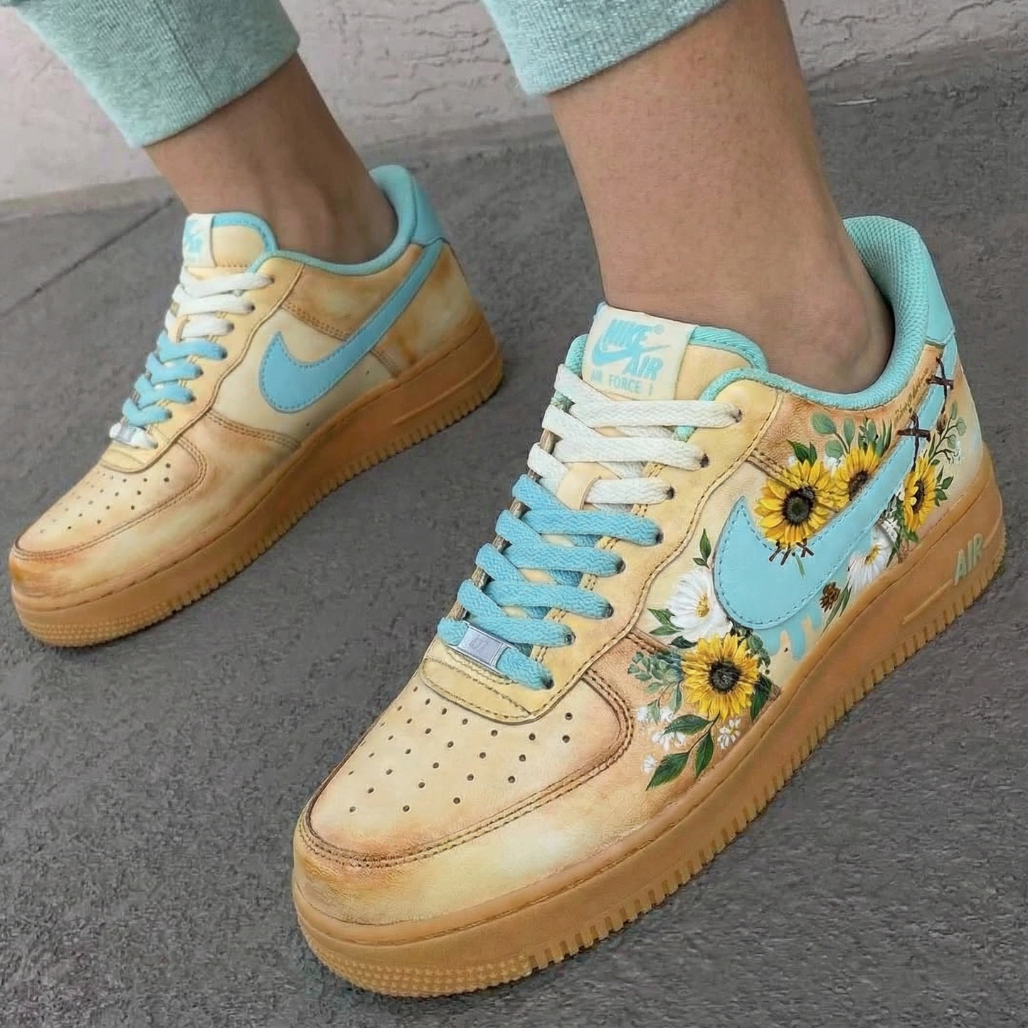 Custom AF 1s Shoes Pastel Baby Blue Tan Sunflowers