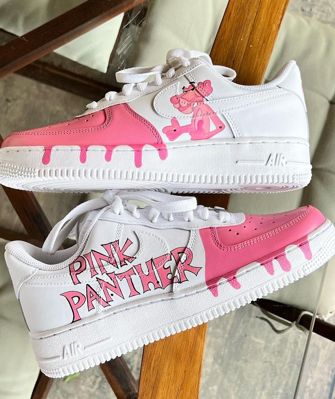 Custom AF 1s Shoes Pink Panther Design Baby Pink White