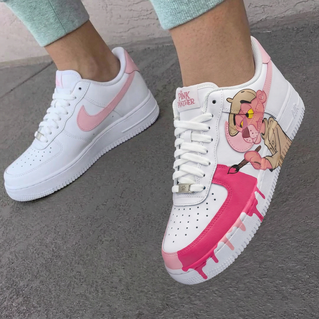 Custom AF 1s Shoes Pink Panther Graphic Baby Pink