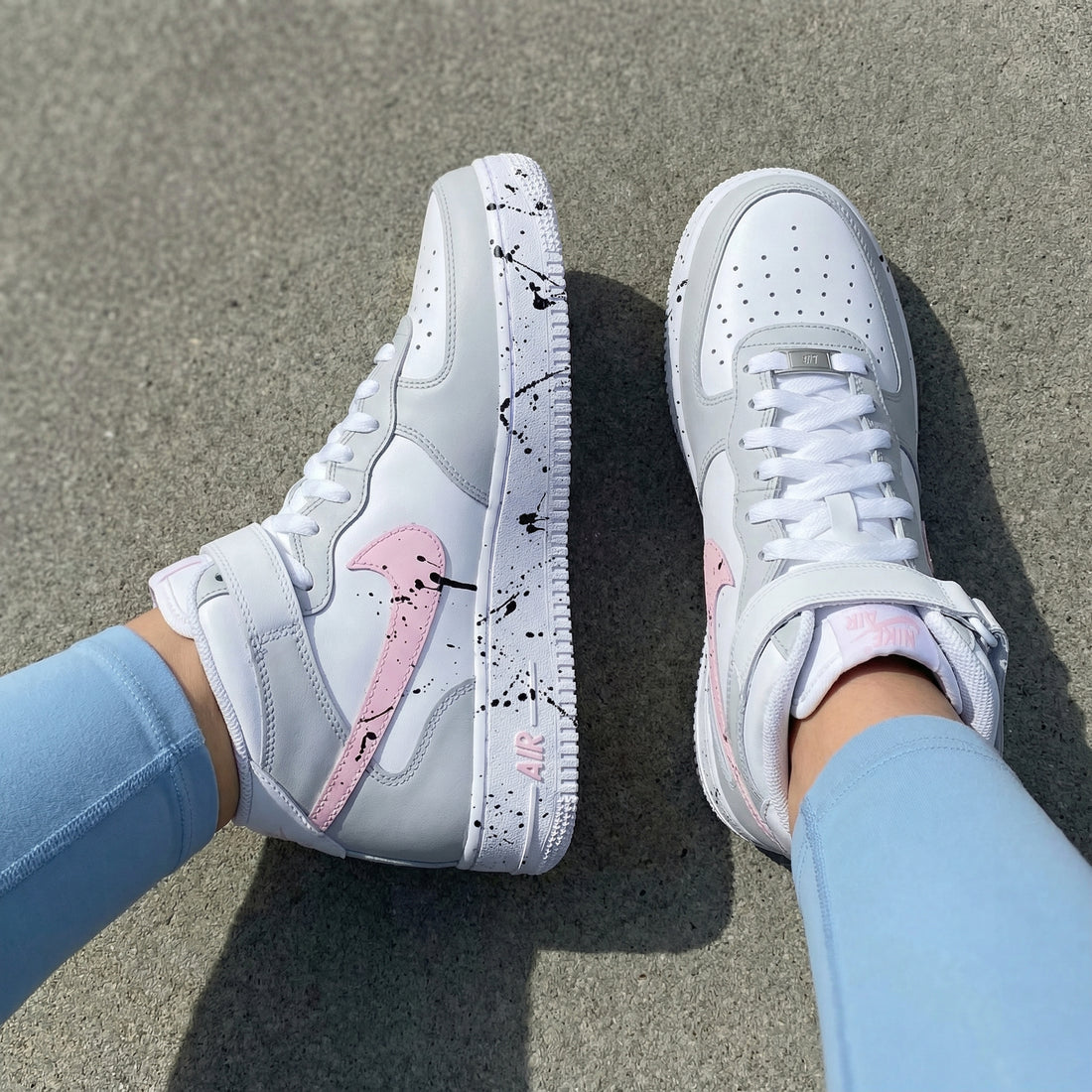 Custom AF 1s Shoes Pink Swoosh Black Splatter Grey