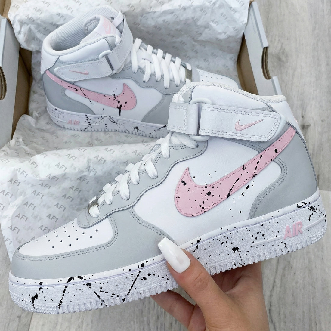 Custom AF 1s Shoes Pink Swoosh Black Splatter Grey