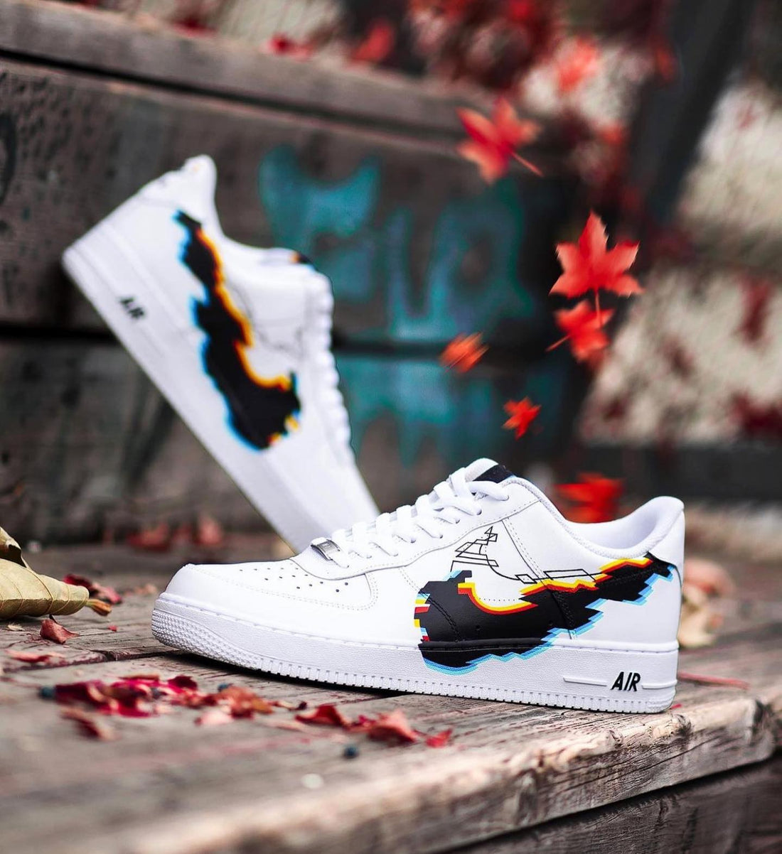 Custom AF 1s Shoes Pixel Pattern Black Blue