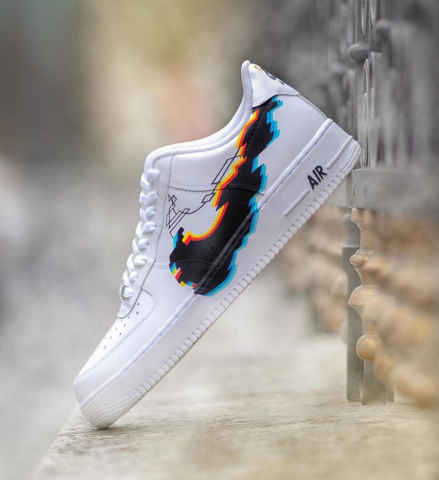 Custom AF 1s Shoes Pixel Pattern Black Blue