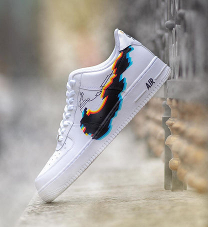 Custom AF 1s Shoes Pixel Pattern Black Blue
