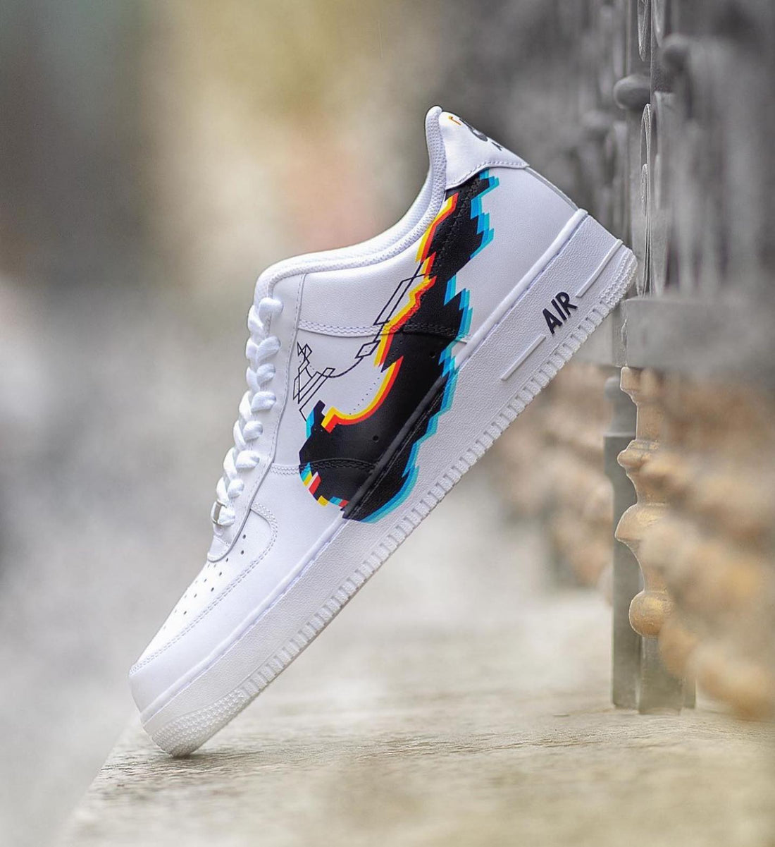 Custom AF 1s Shoes Pixel Pattern Black Blue
