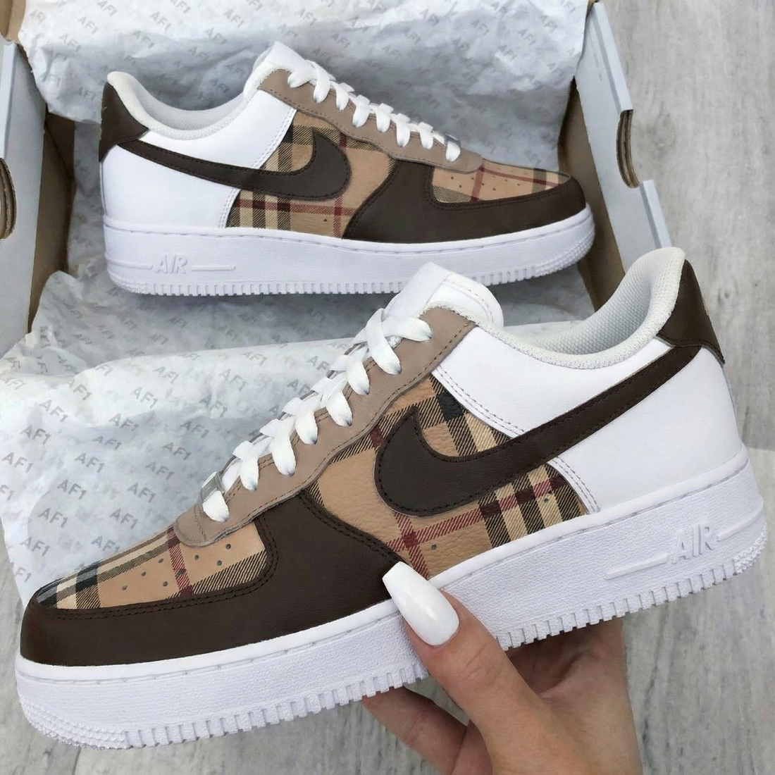Custom AF 1s Shoes Plaid Pattern Brown Beige