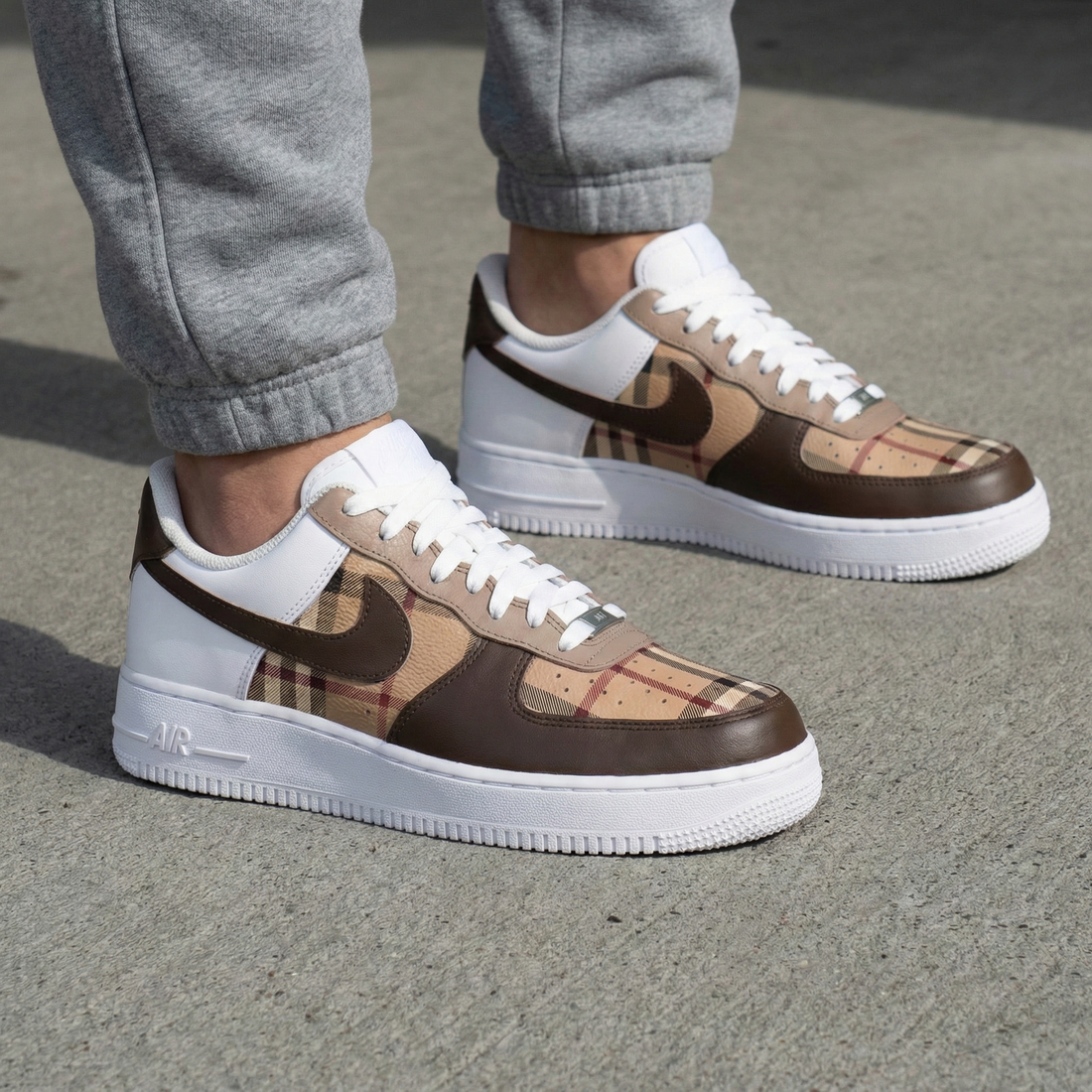 Custom AF 1s Shoes Plaid Pattern Brown Beige