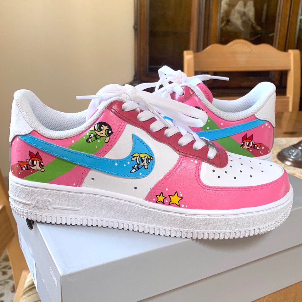 Custom AF 1s Shoes Playful Powerpuff Girls Green Pink  Blue
