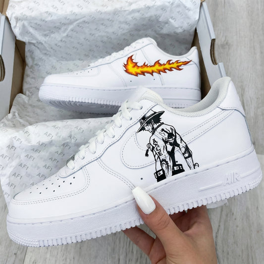 Custom AF 1s Shoes Portgas D Ace Figure Fire Swoosh Black Orange