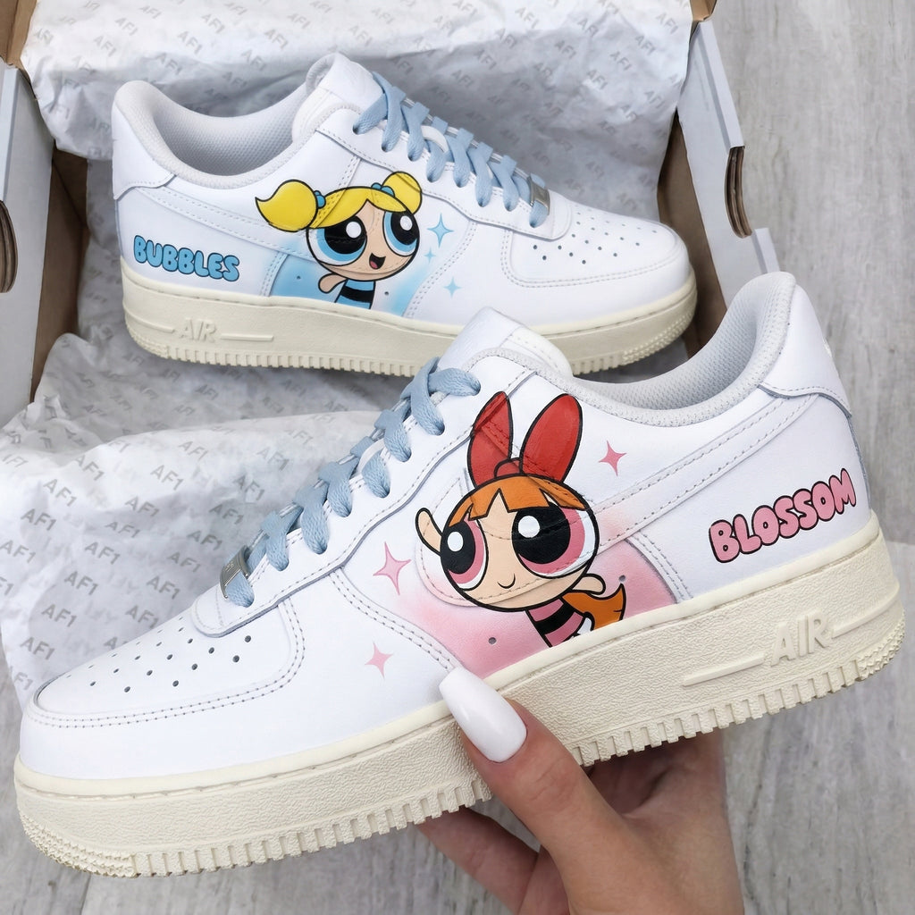 Custom AF 1s Shoes Powerpuff Girls Characters Baby Blue Baby Pink