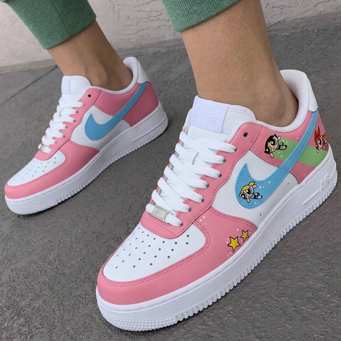 Custom AF 1s Shoes Powerpuff Girls Design Baby Pink Blue Green