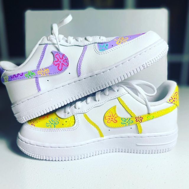 Custom AF 1s Shoes Purple and Yellow Floral Pattern