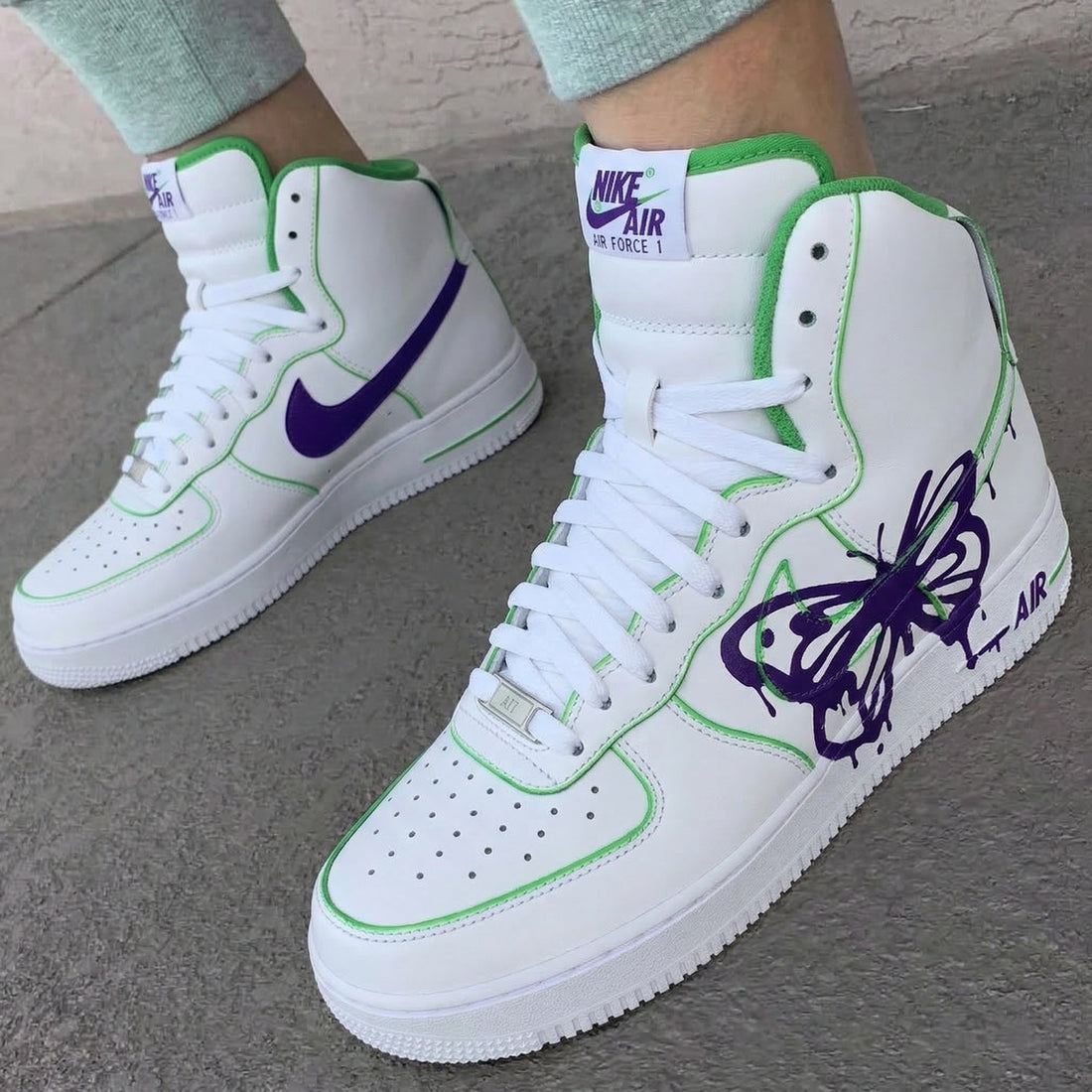 Custom AF 1s Shoes Purple Butterfly Green