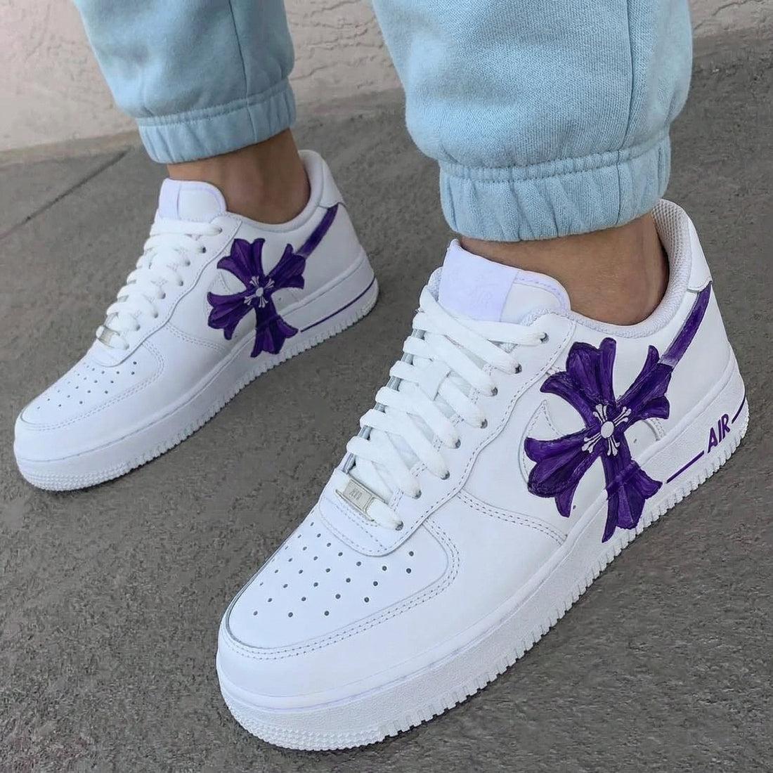 Custom AF 1s Shoes Purple Cross Flowers White Purple