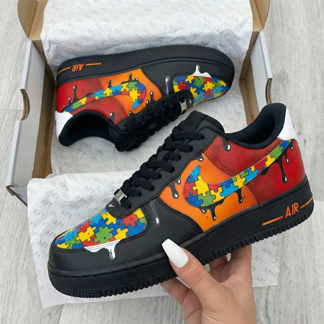 Custom AF 1s Shoes Puzzle Pattern Black Red