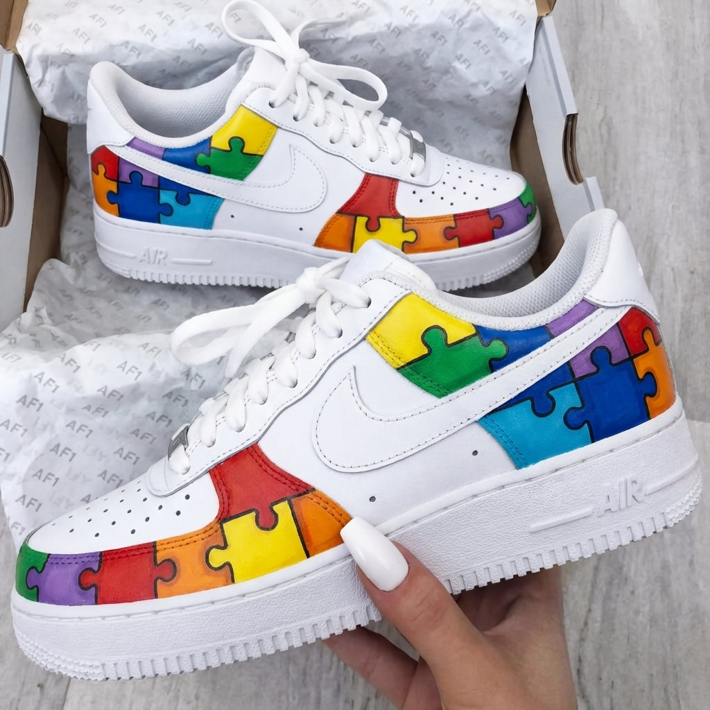 Custom AF 1s Shoes Puzzle Pattern Multicolor