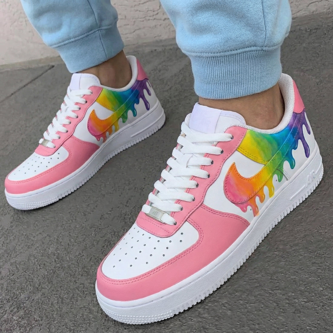 Custom AF 1s Shoes Rainbow Drip Baby Pink White