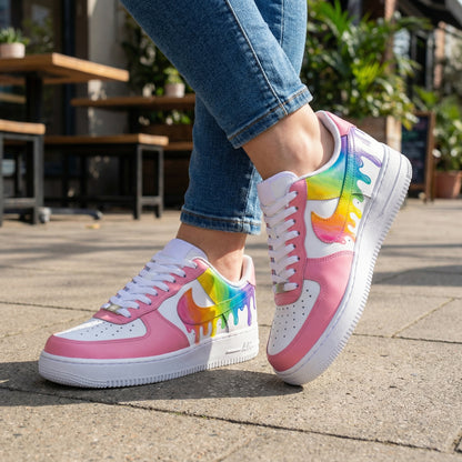 Custom AF 1s Shoes Rainbow Drip Baby Pink White