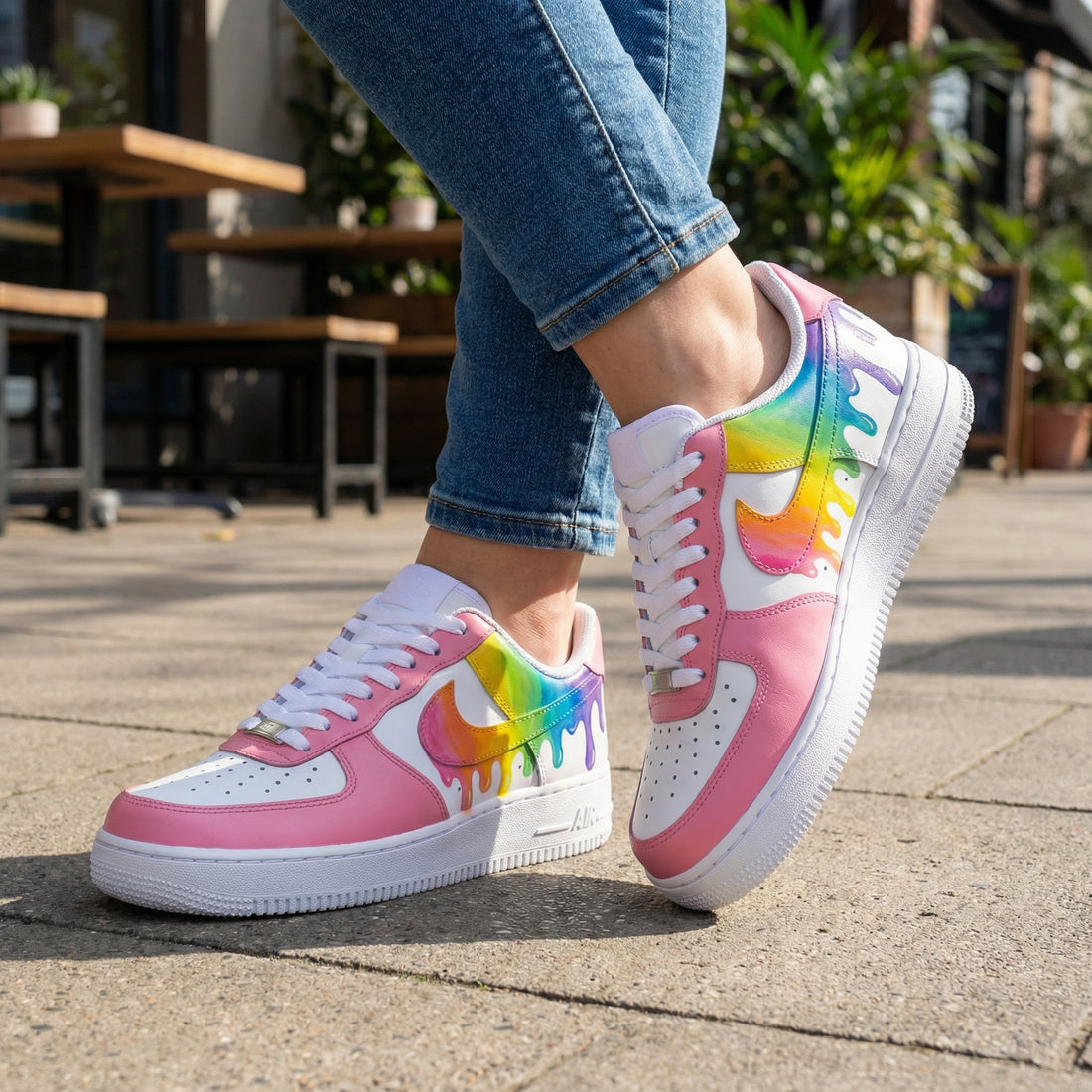 Custom AF 1s Shoes Rainbow Drip Baby Pink White