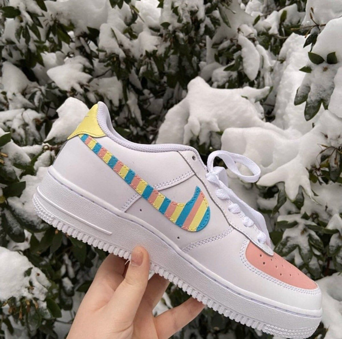 Custom AF 1s Shoes Rainbow Pattern Baby Pink Yellow