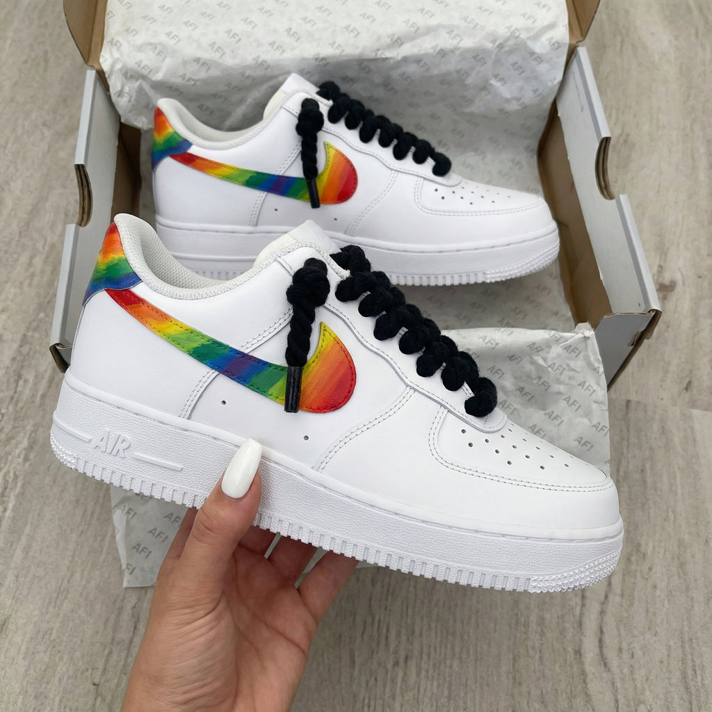Custom AF 1s Shoes Rainbow Swoosh Black Laces