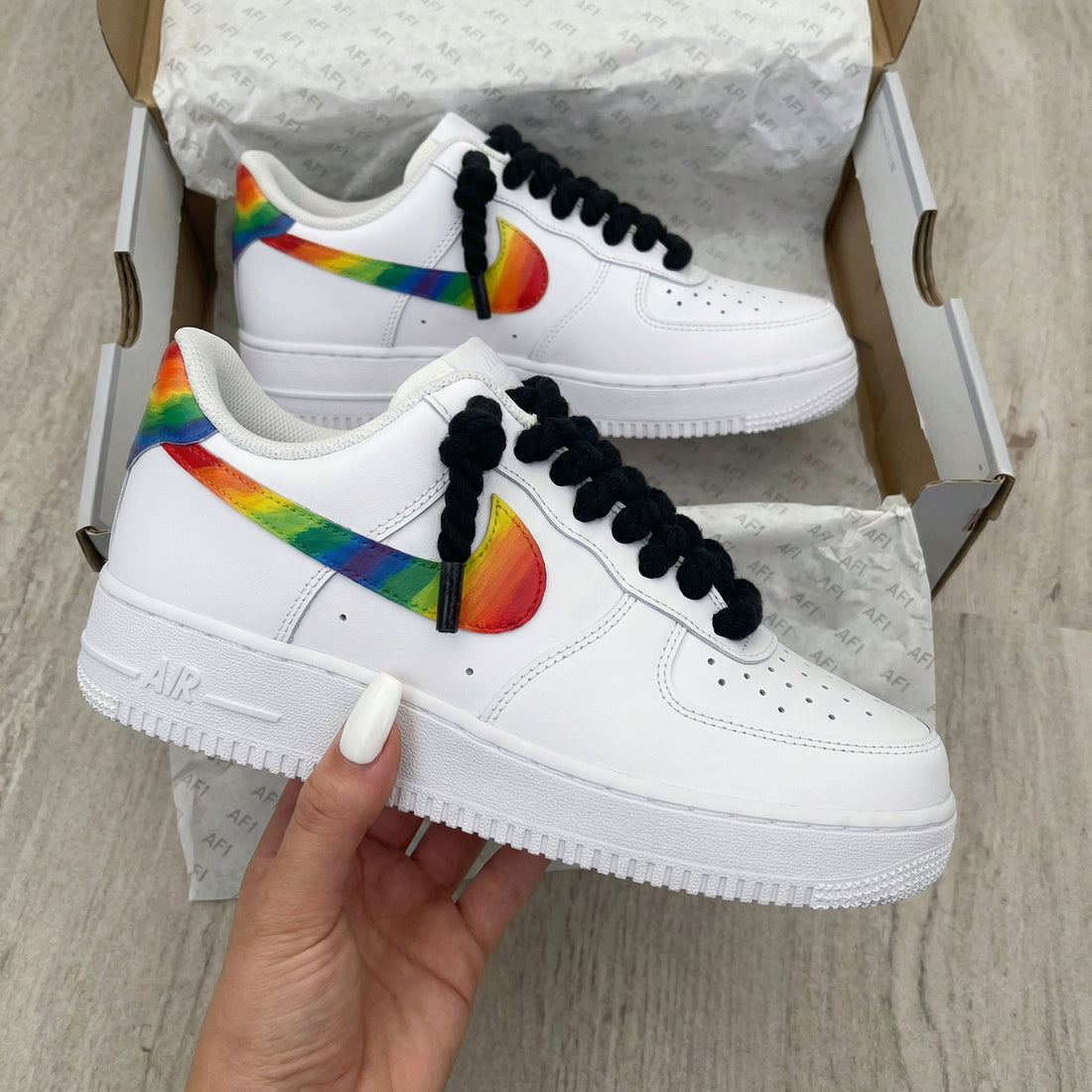 Custom AF 1s Shoes Rainbow Swoosh Black Laces