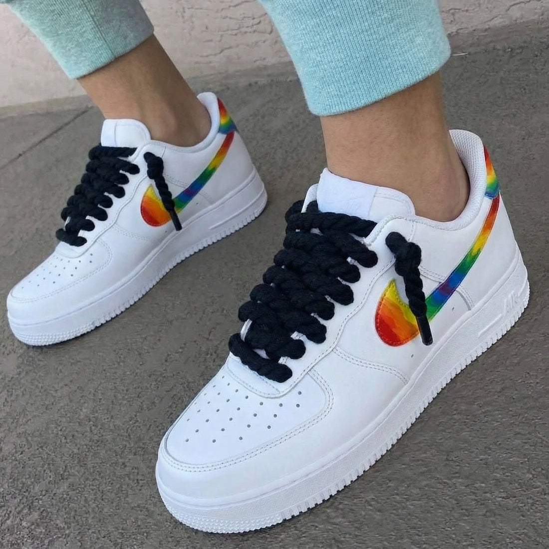 Custom AF 1s Shoes Rainbow Swoosh Black Laces