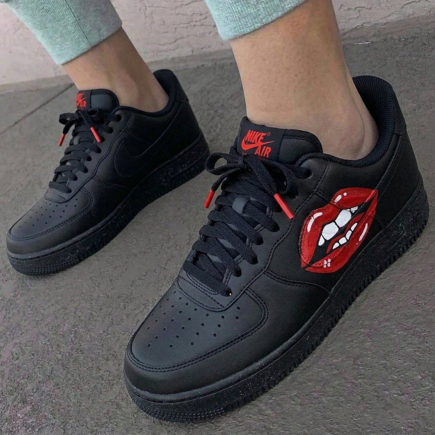 Custom AF 1s Shoes Red Lips Graphic Black
