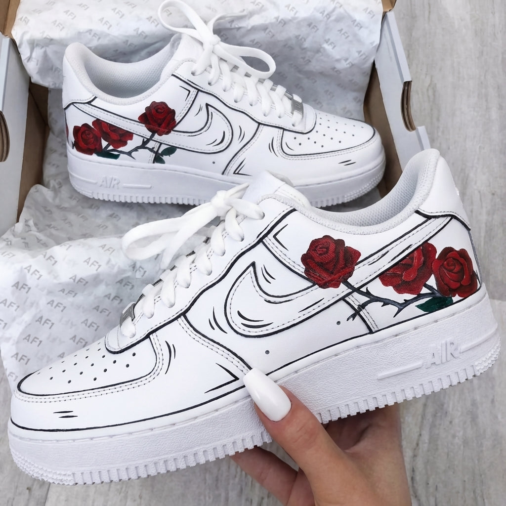 Custom AF 1s Shoes Red Roses Red Green