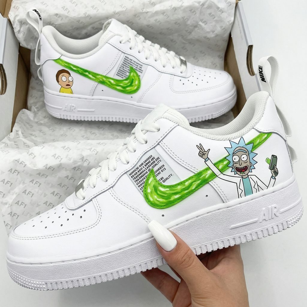 Custom AF 1s Shoes Rick And Morty Cartoon Printed Green